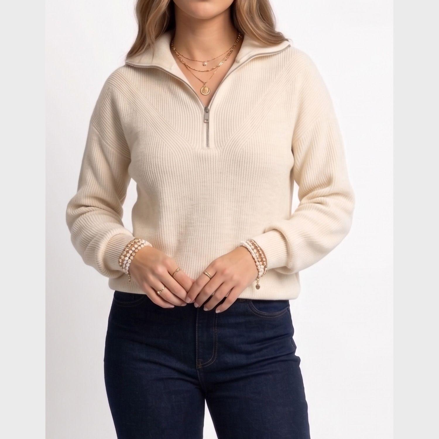 Sweater Tejido con Medio Cierre Metálico y Cuello Alto-0