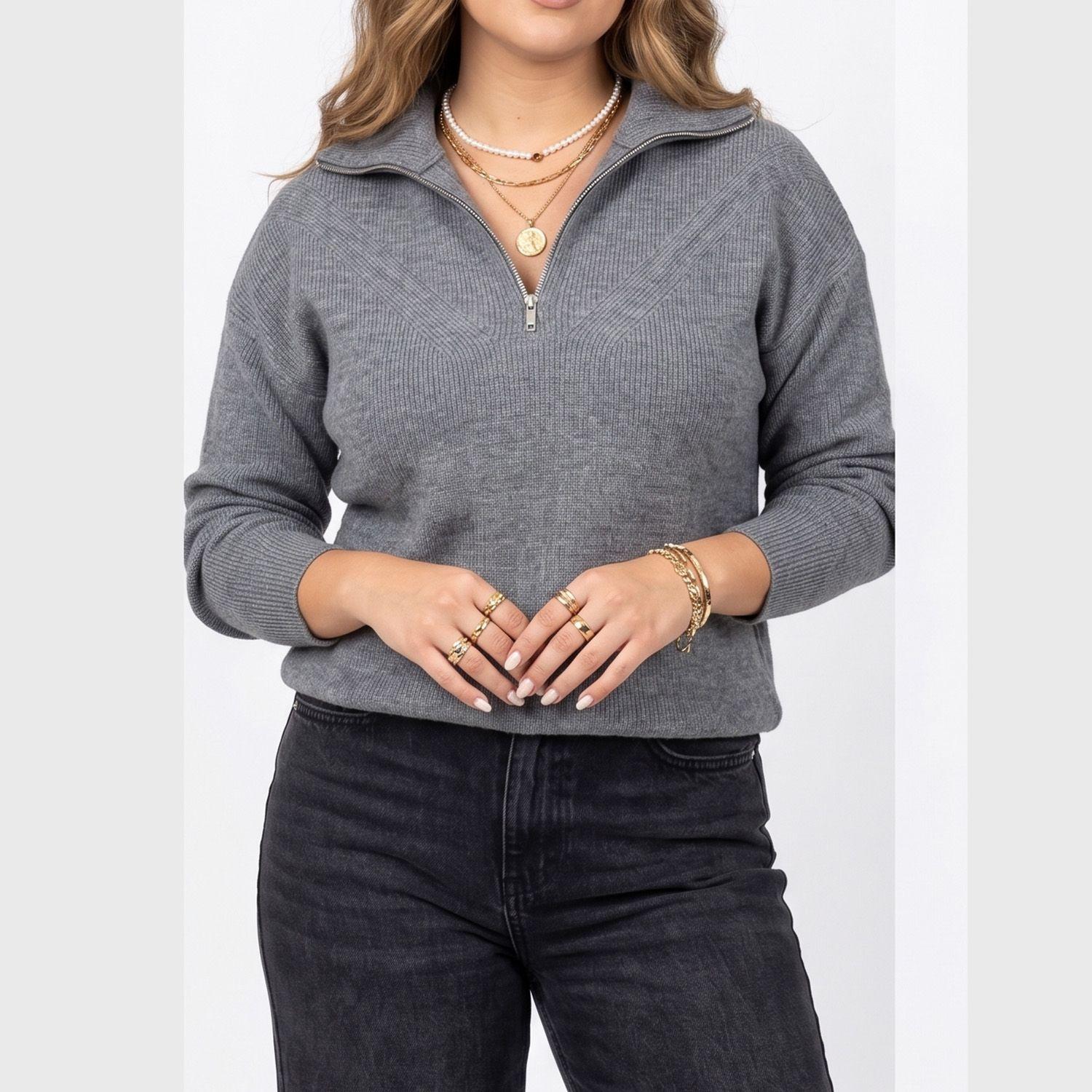 Sweater Tejido con Medio Cierre Metálico y Cuello Alto-0