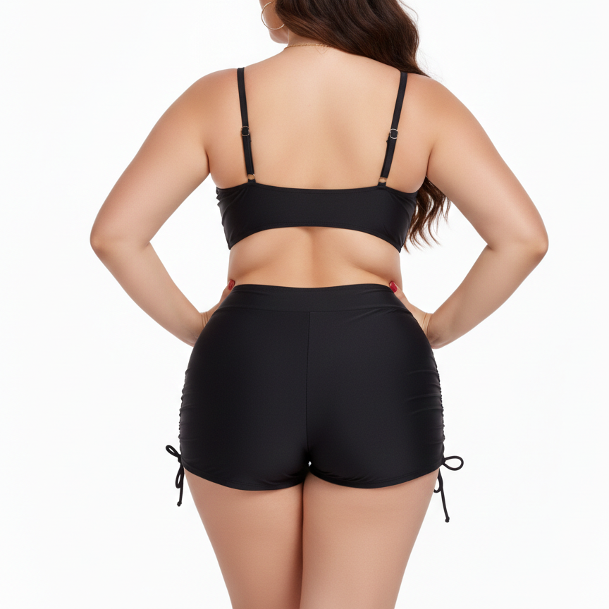 Bikini Tankini Negro con Short de Tiro Alto y Cordones-2