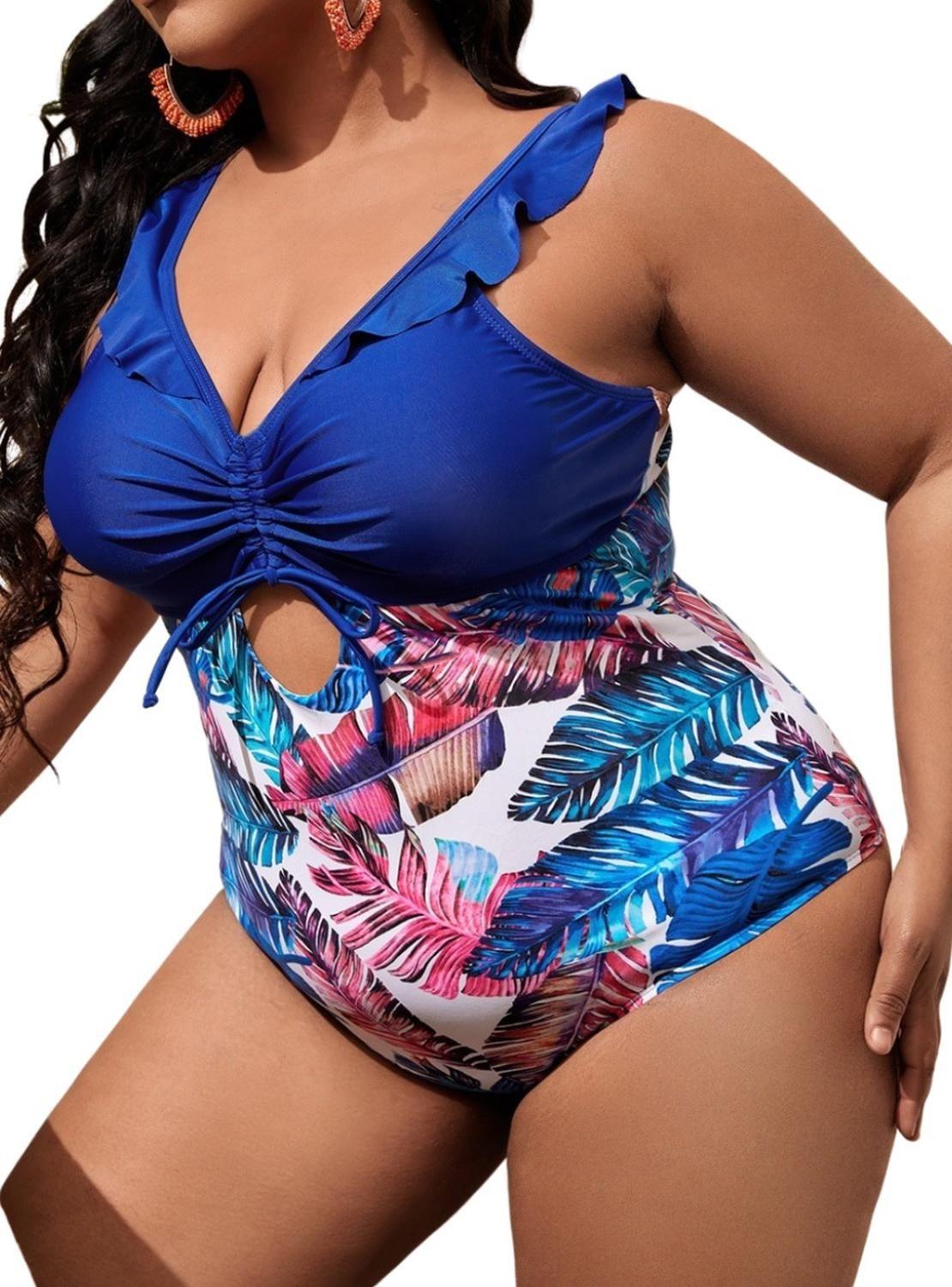 Traje De Baño Cut Out Plus Size Azul Hojas-2