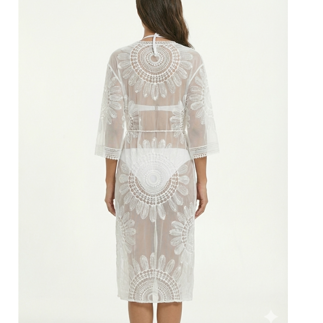 Kimono Largo Blanco Encaje Calado-2