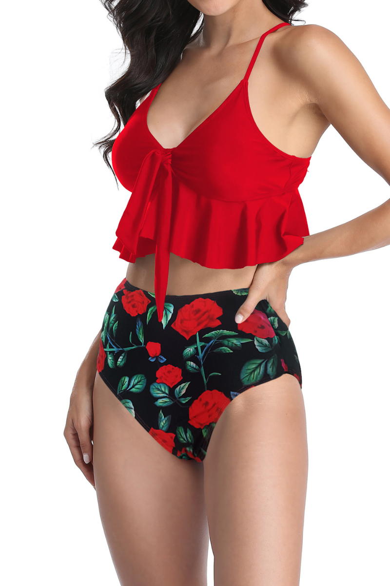 Bikini tiro alto ruffle red rose-0