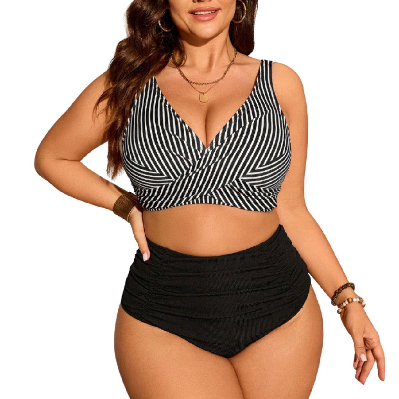 Bikini Tiro Alto con Top Cruzado a Rayas y Calzón Rib-0