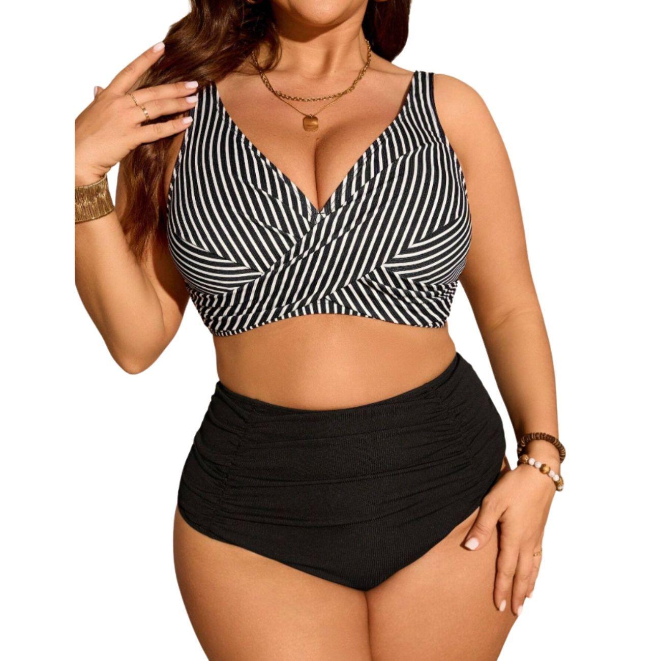 Bikini Tiro Alto con Top Cruzado a Rayas y Calzón Rib-1