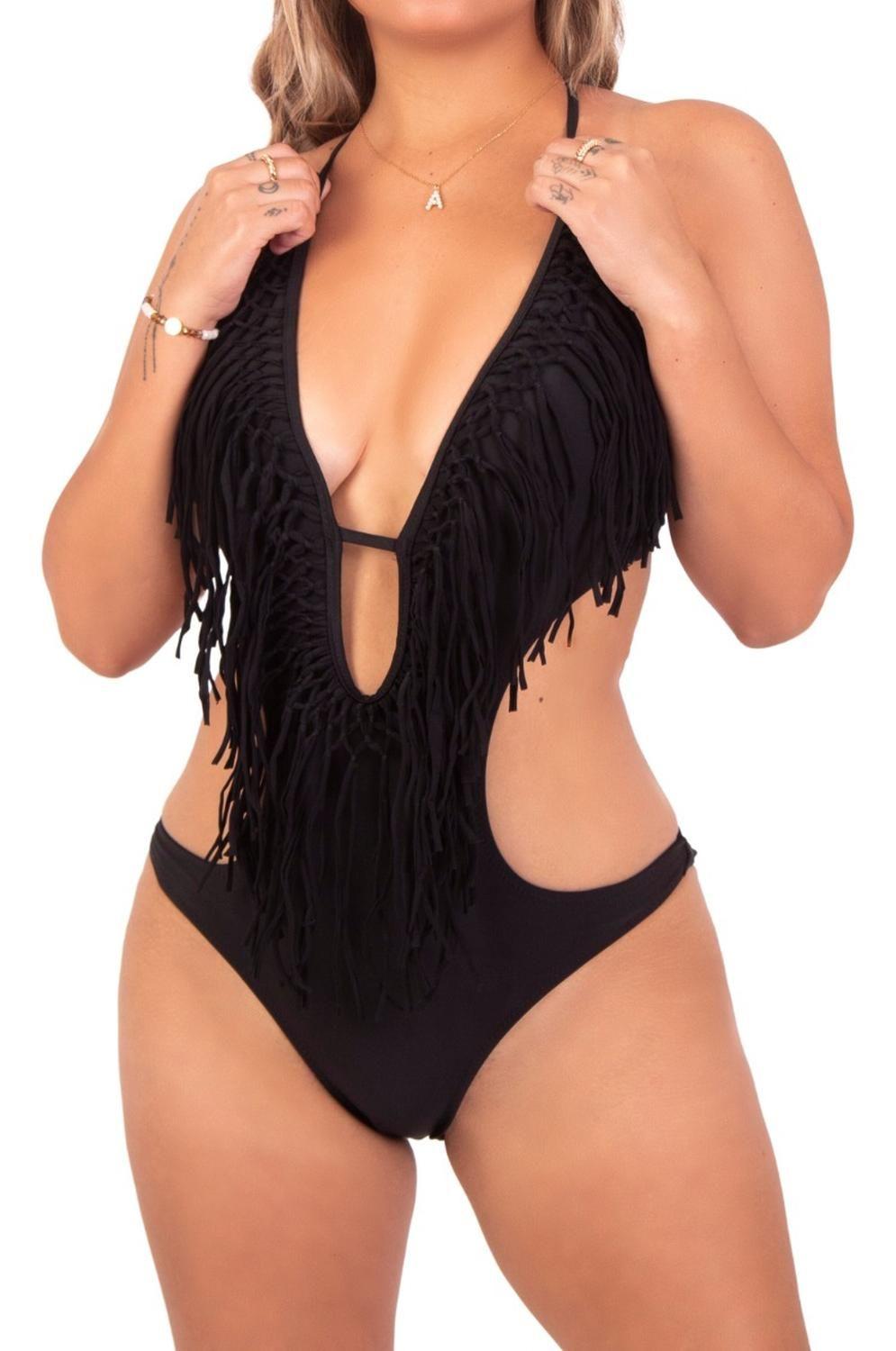 Trikini Mujer Básico Negro Flecos-0