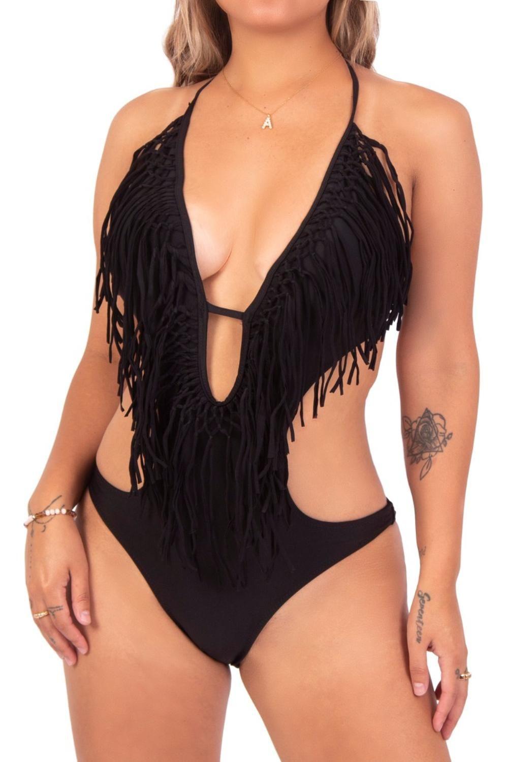 Trikini Mujer Básico Negro Flecos-1