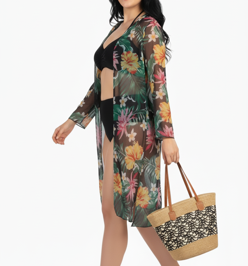 Kimono playa estampado Hawai  negro-1
