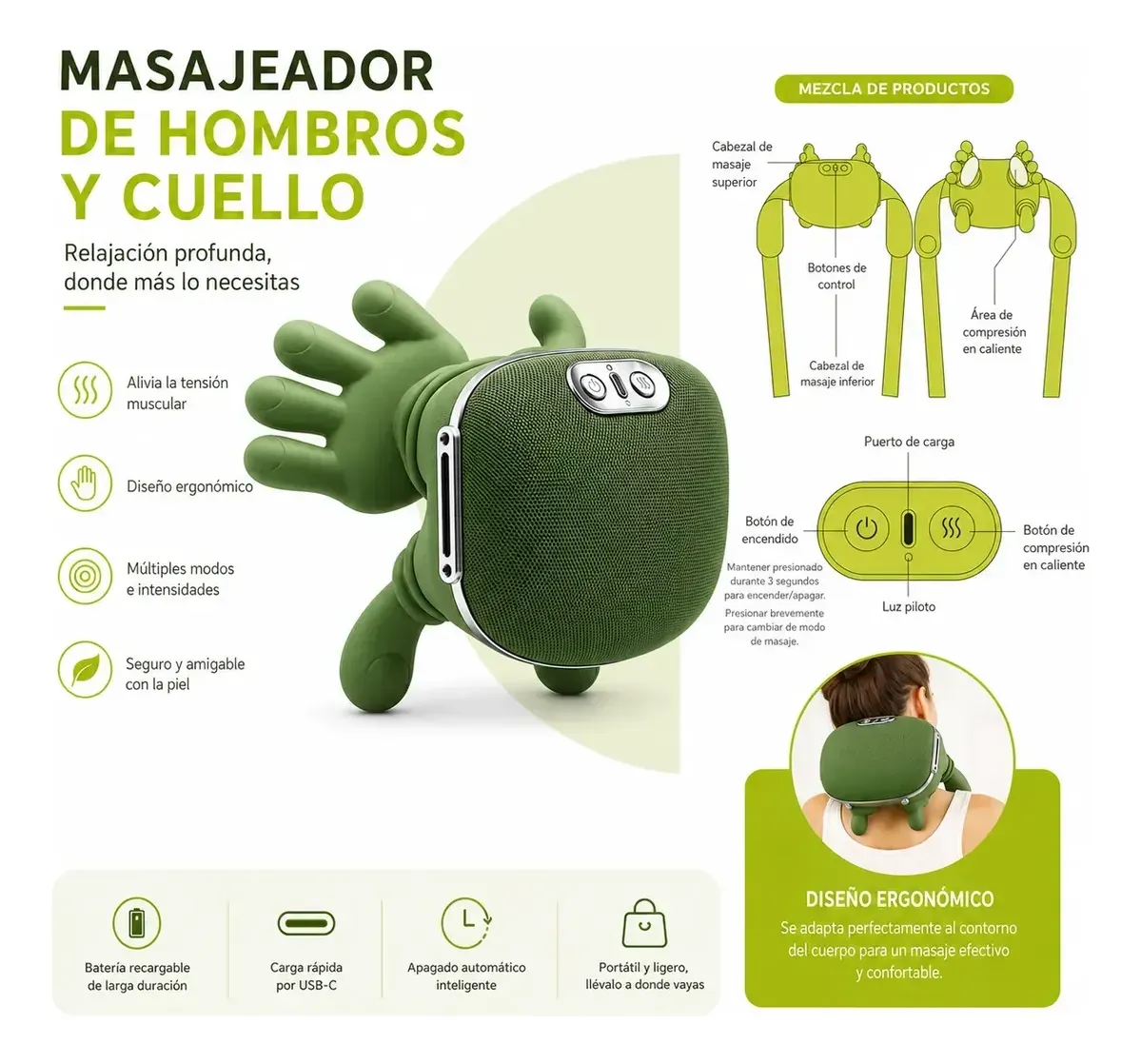 Masajeador Manitos Cervical Cuello Hombro Calor Estr s-1