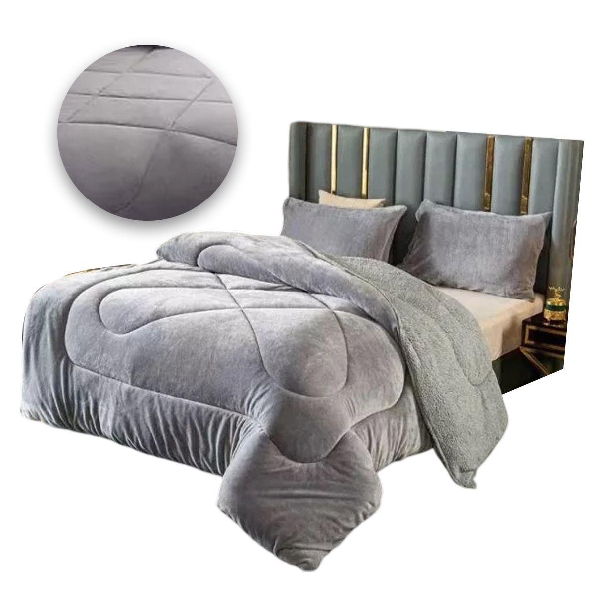 Cobertor Cubrecama Grueso Peludo Chiporro 2 Plaza + 2 Funda Gris-0