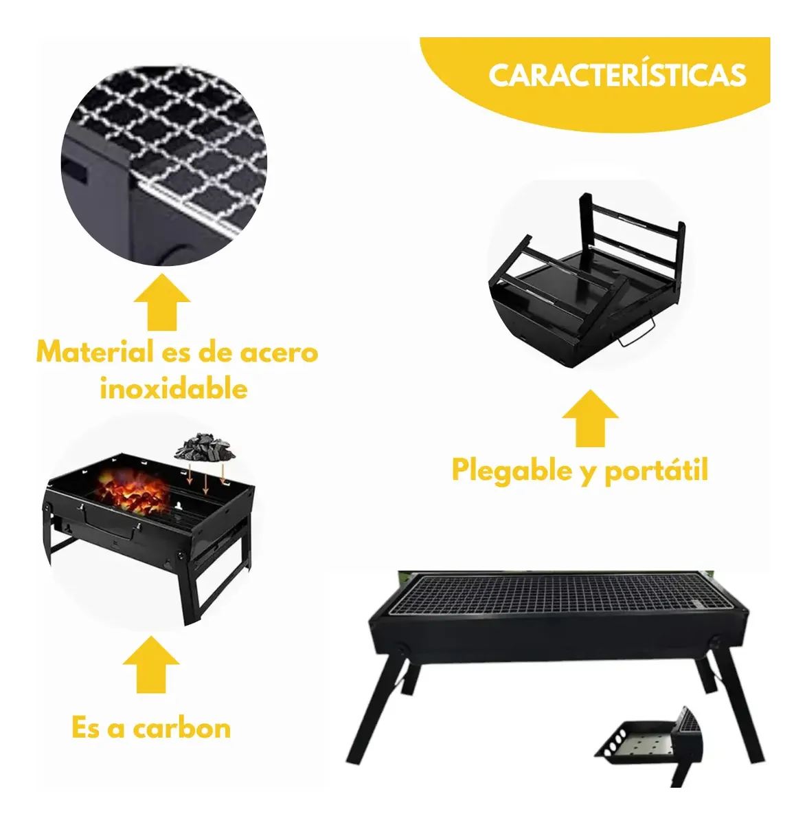 Parrilla Carbon Movil 60cm Acero Inox Plegable Fiestas-3