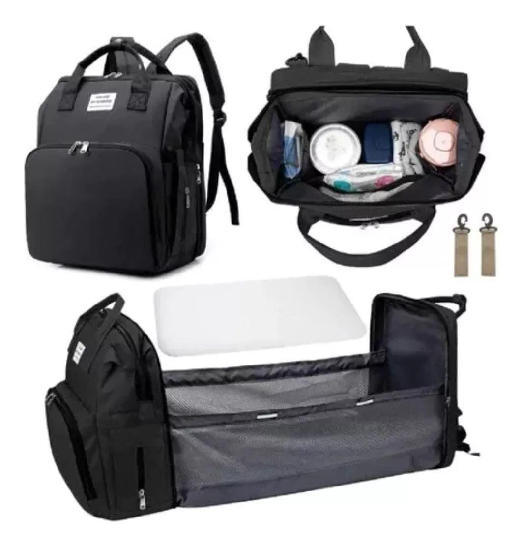Mochila 3 En 1 Pañalera Cuna Y Mudador Portátil Para Bebés Negro-7