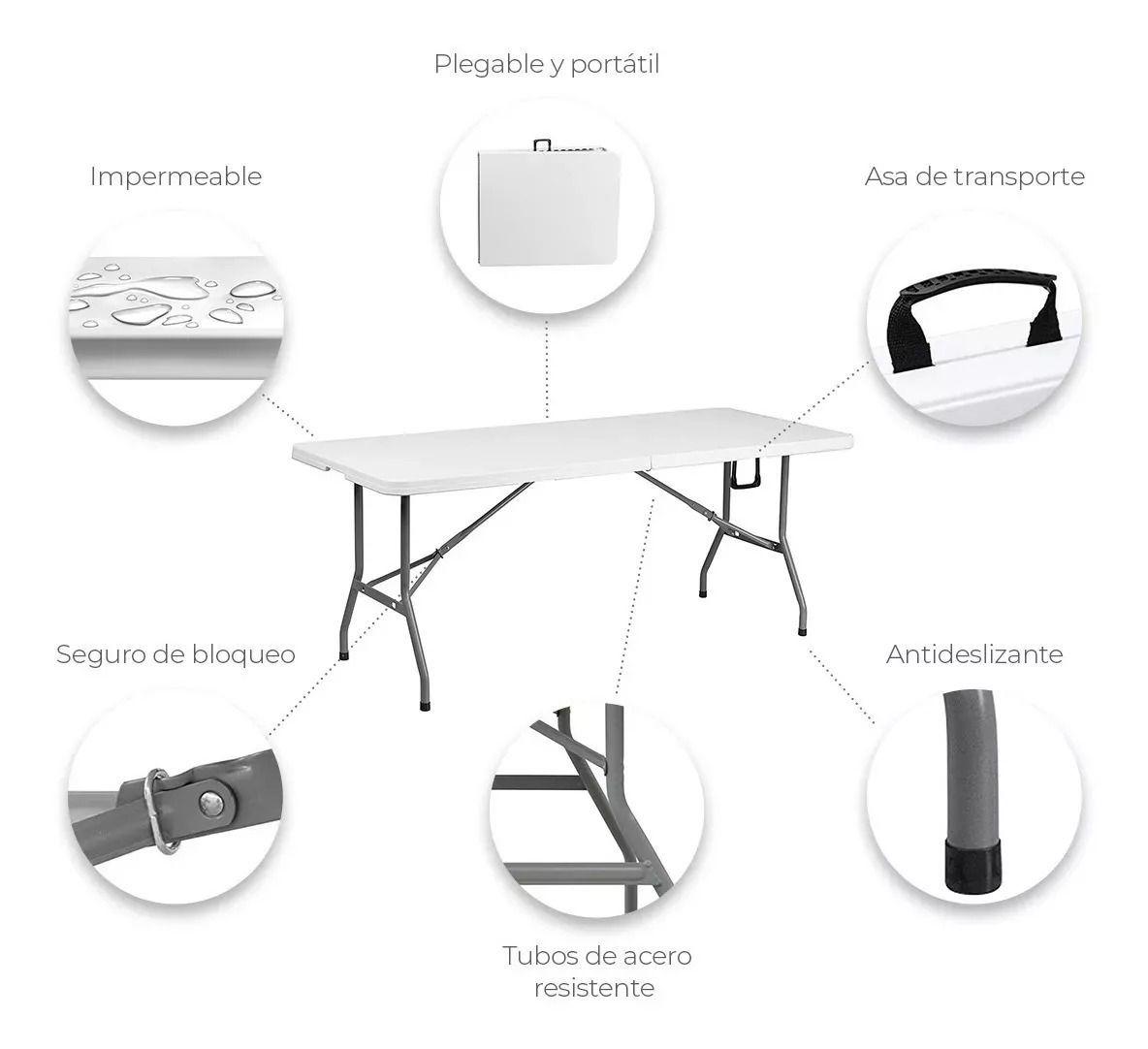 Mesa Plegable Camping 180 X 75 Cms Portátil Color Blanco-3