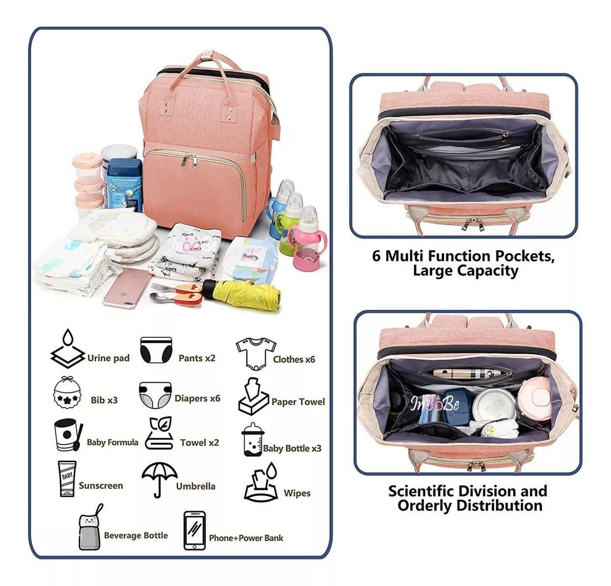 Mochila 3 En 1 Pañalera Cuna Y Mudador Portátil Para Bebés Rosa-3