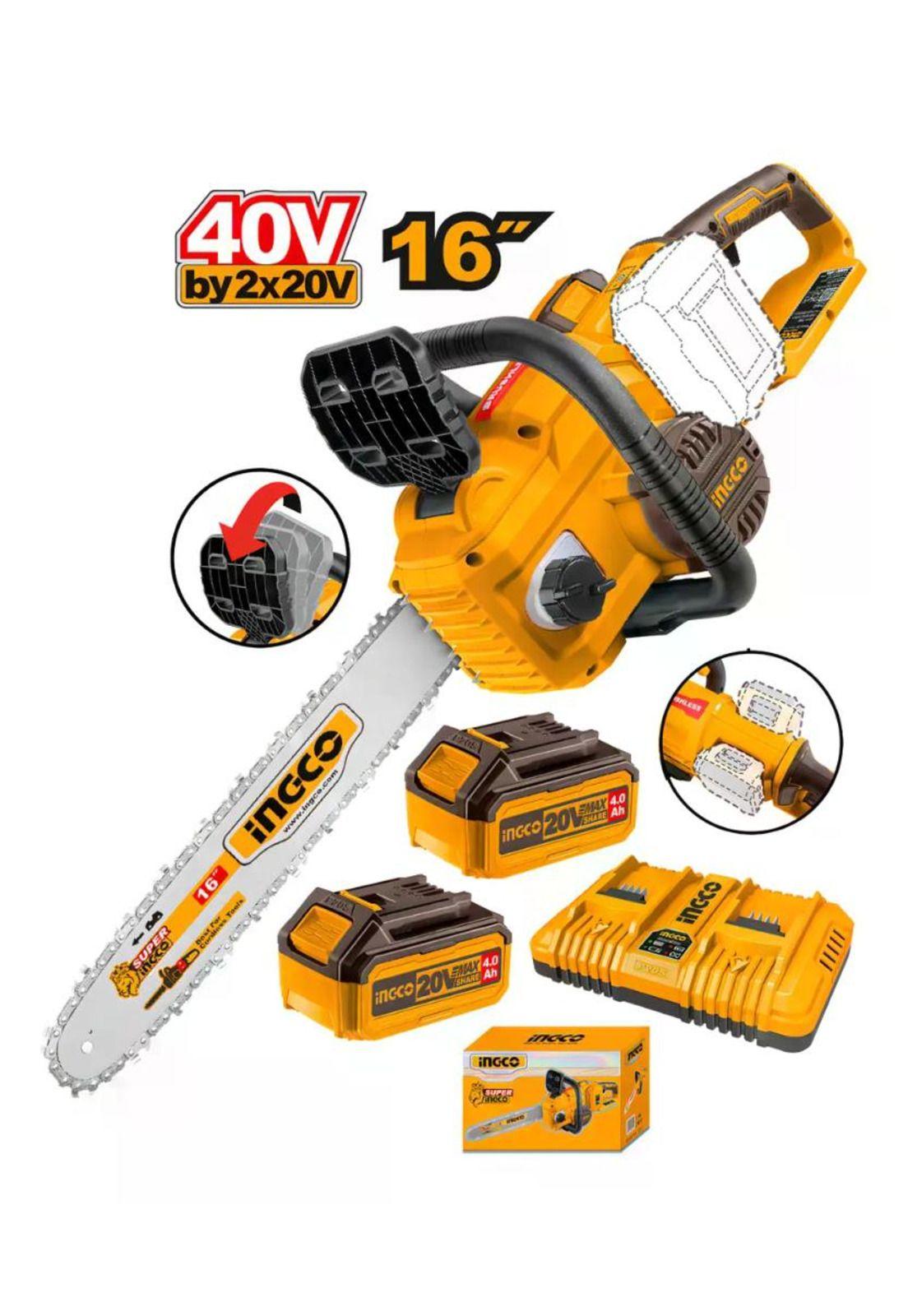 Motosierra Inalámbrica 16'' 400mm 40v + 2 Baterías 4ah + Cargador Doble Puerto Amarillo-2