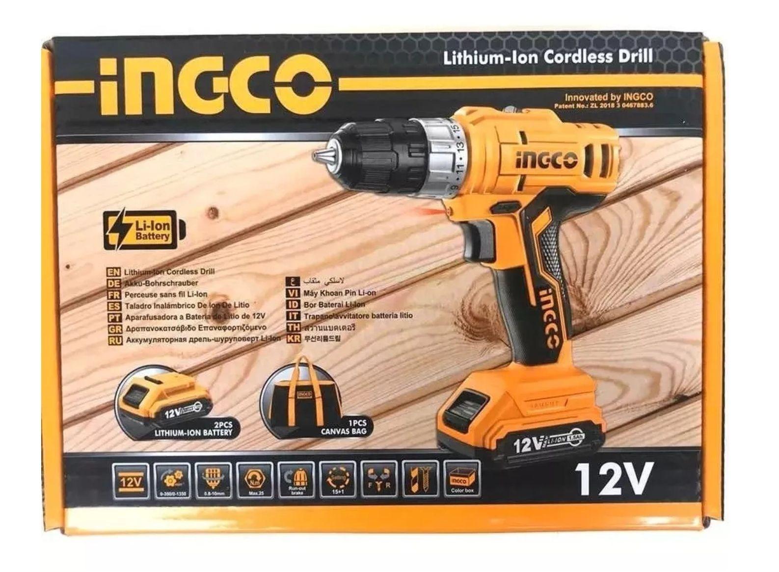 Taladro Atornillador Ingco 12v 10 Mm + 2 Bat + Carg + Bolso-4