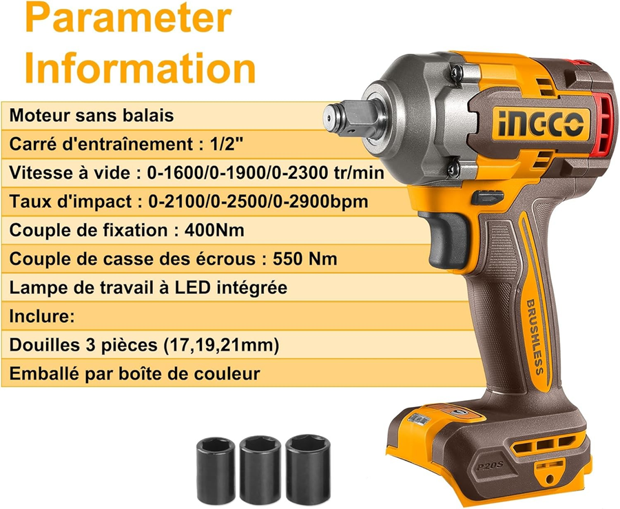 Pistola Llave De Impacto Bl 20v 400 Nm 1/2 Ingco Ciwli20401-3