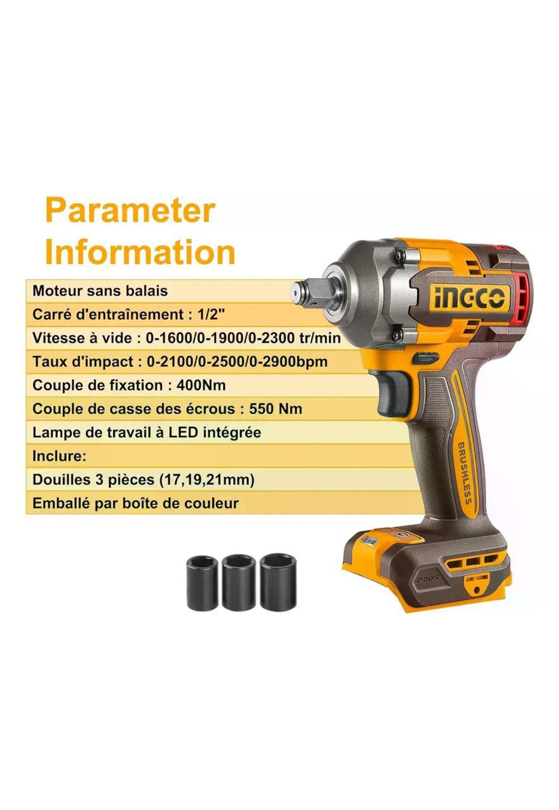 Llave De Impacto 400 Nm Inalambrica Ingco Ciwli20401 Color Naranja Frecuencia 50 Hz / 60 Hz 20v-2