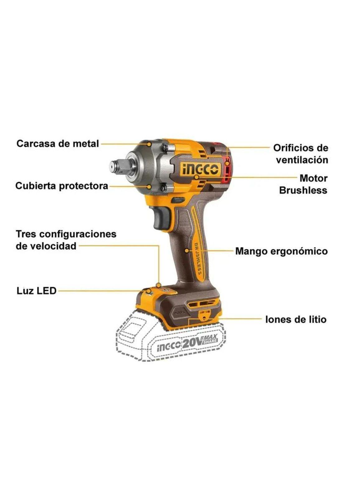 Llave De Impacto 400 Nm Inalambrica Ingco Ciwli20401 Color Naranja Frecuencia 50 Hz / 60 Hz 20v-3
