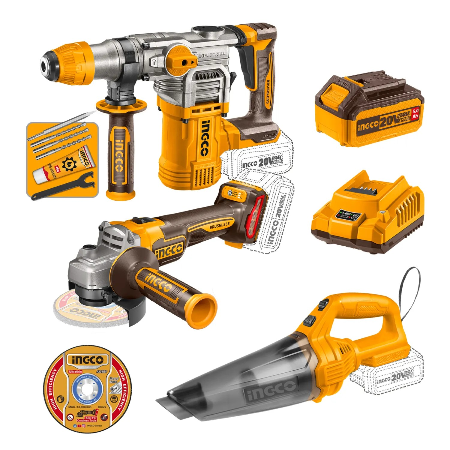 Kit Rotomartillo + Esmeril + Aspiradora Ingco Cosli240785-7