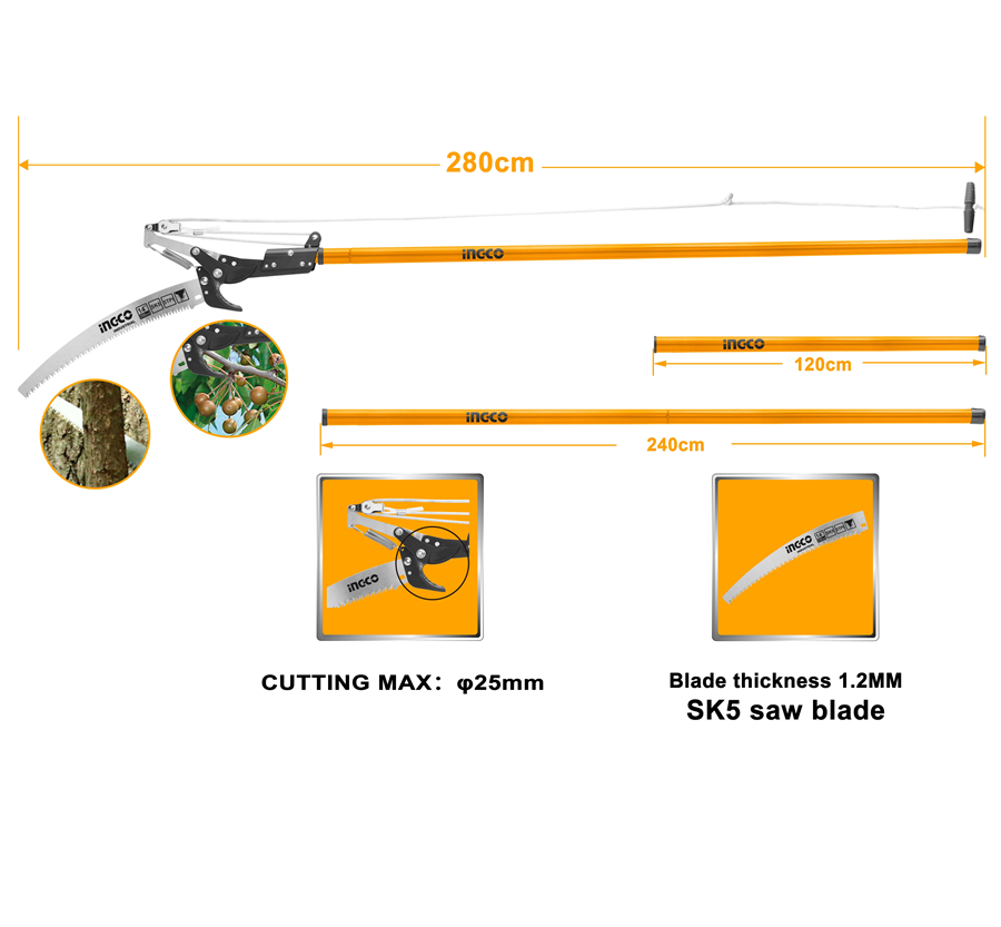 Podador Serrucho De Poda Curvo Con Pertiga 2 8m Ingco Arboles-6