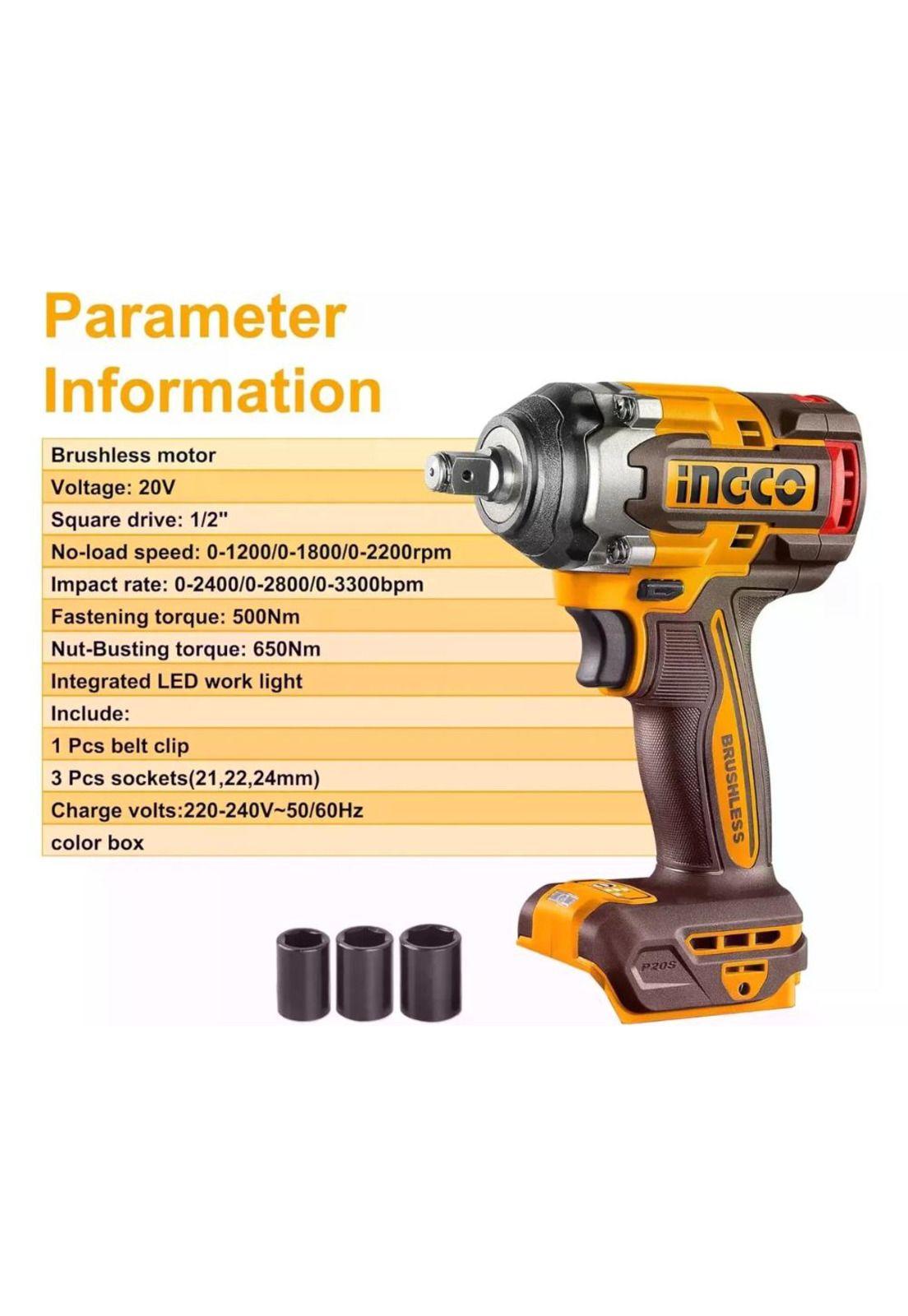 Llave Pistola Impacto Ingco Bl 1/2 20v 500nm Ciwli20501 S/ba Naranja Oscuro 20v-5