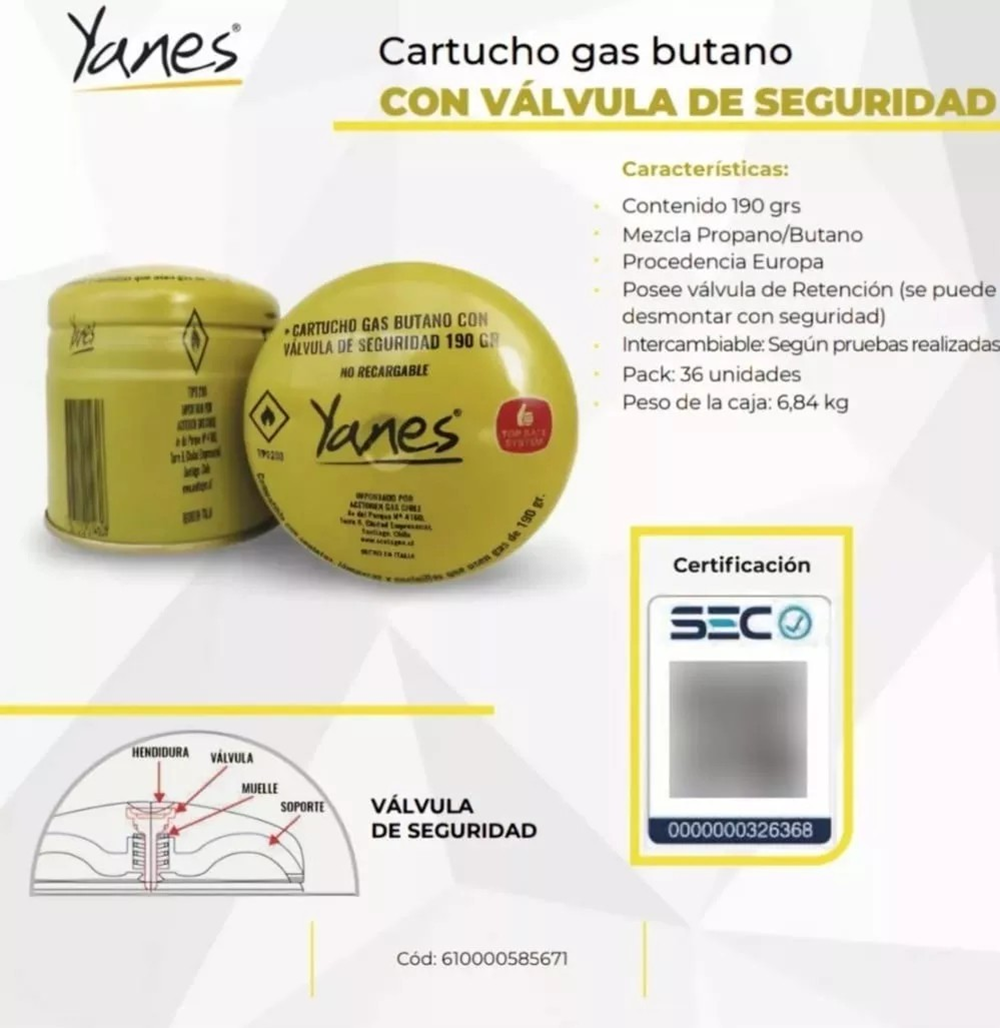 Cartucho Gas Butano Con Valvula De Seguridad 190 Gr Yanes-3