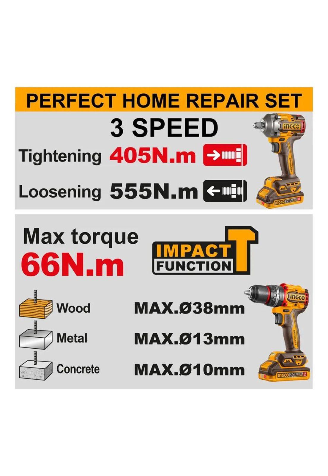 Kit Combo Ingco 20v Taladro Percutor 66nm + Llave De Impacto-2