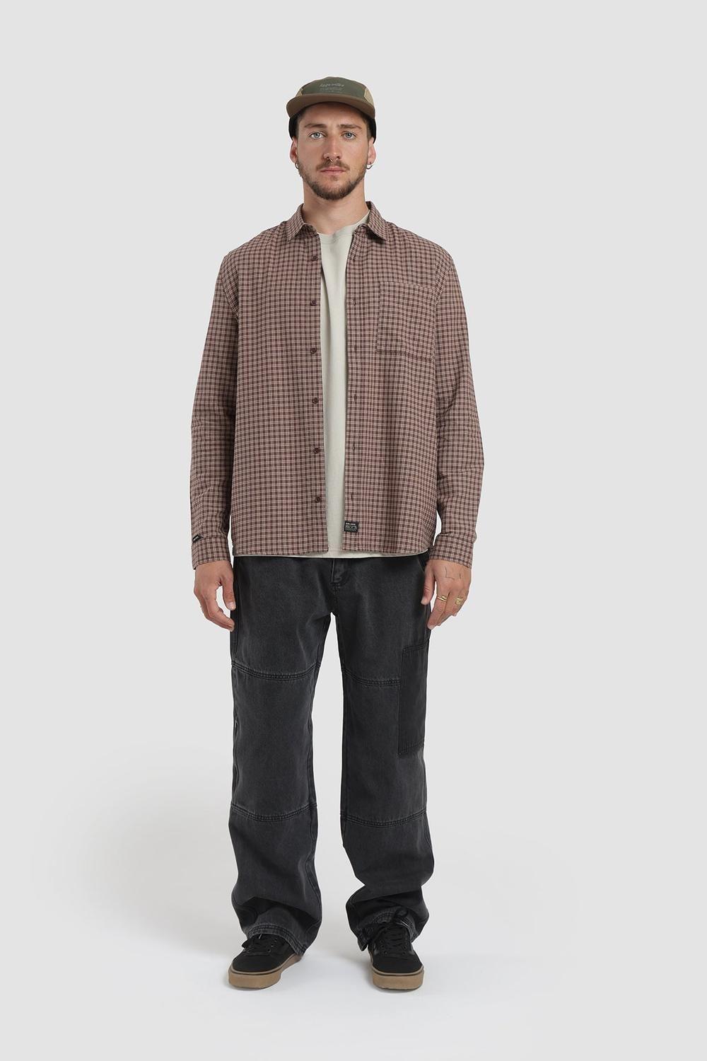 Camisa Manga Larga Cuadrillé Hombre - Café-4