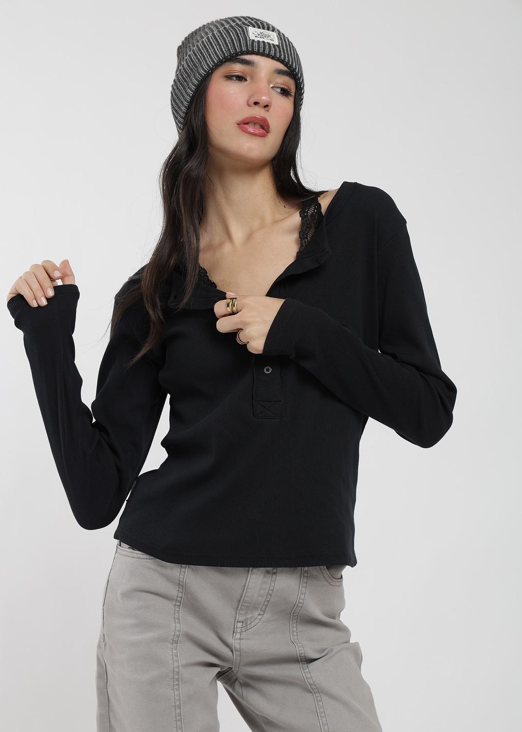 Polera Manga Larga Half Snap Rib Mujer-2