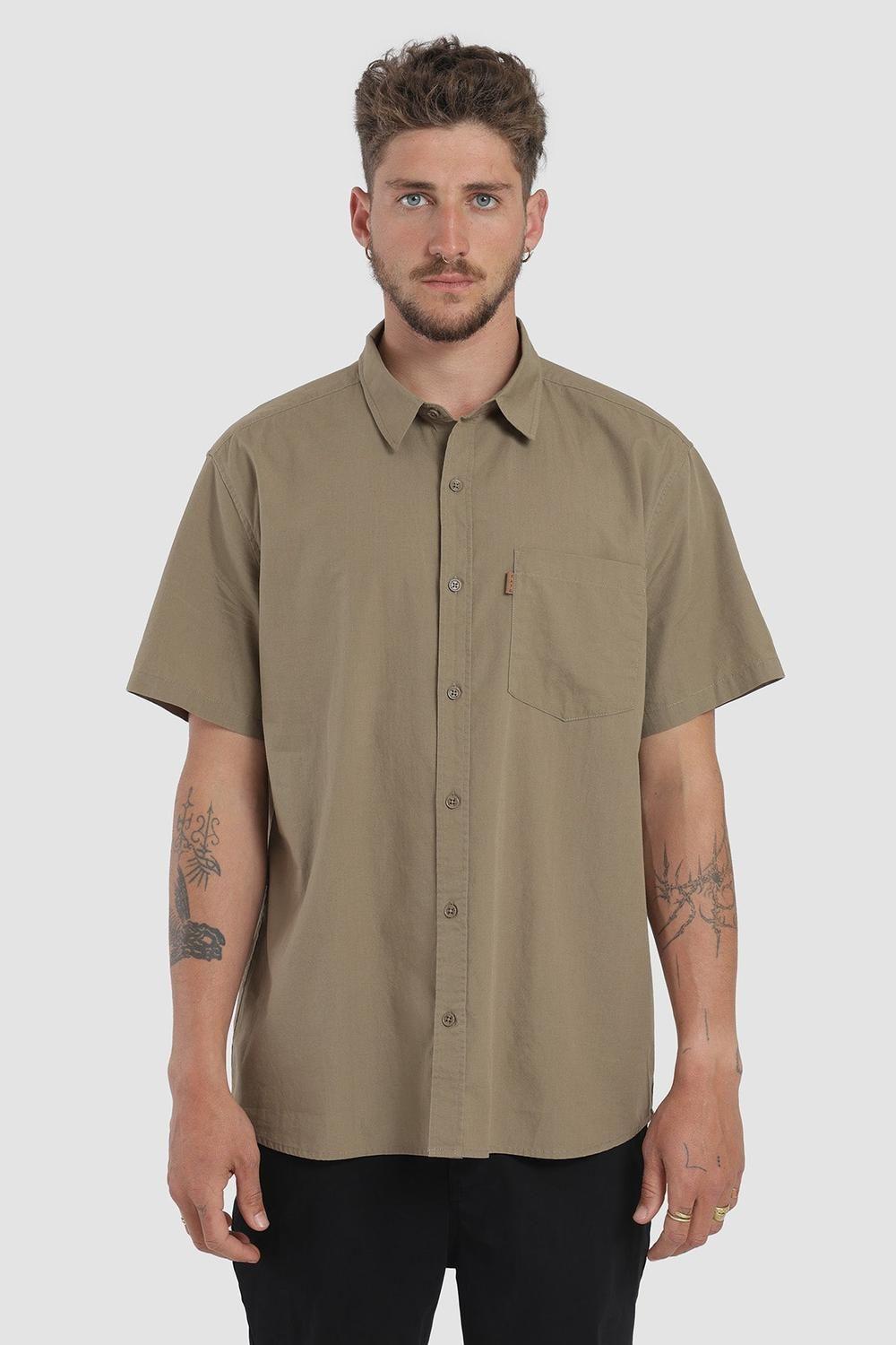 Camisa Manga Corta Algodón Hombre - Oliva-0