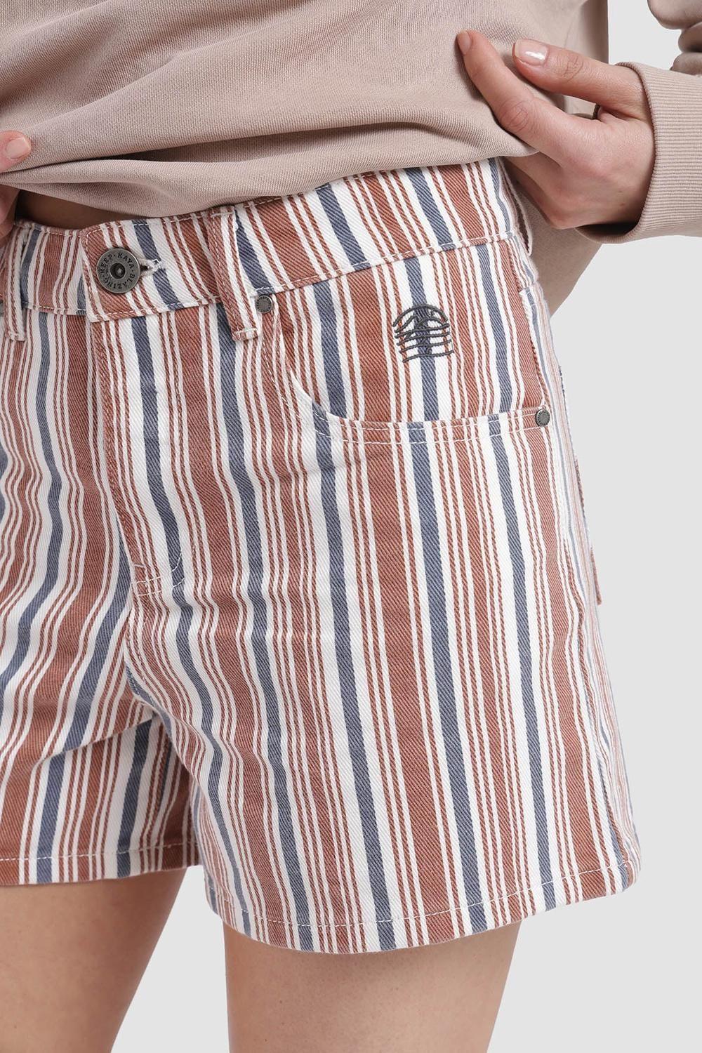 Short Botones Rayas Algodón Mujer - Beige-3