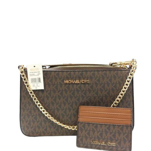 SET CROSSBODY + MINI PORTADOCUMENTOS MICHAEL KORS CAFÉ CON PRINT COD. 6052-0