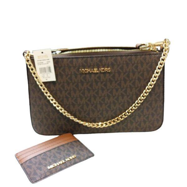 SET CROSSBODY + MINI PORTADOCUMENTOS MICHAEL KORS CAFÉ CON PRINT COD. 6052-1