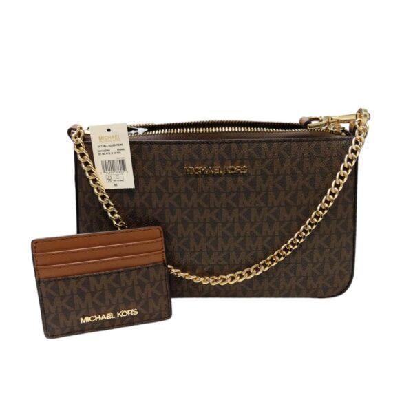 SET CROSSBODY + MINI PORTADOCUMENTOS MICHAEL KORS CAFÉ CON PRINT COD. 6052-2