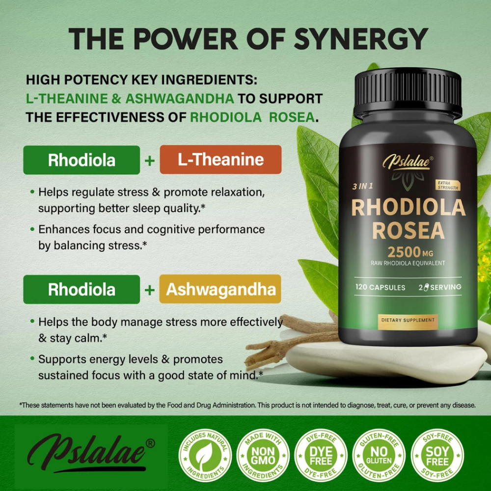 Suplemento Rhodiola Rosea 2500 mg Ashwagandha y L-Teanina Extra Strength Pslalae-2
