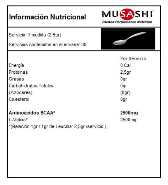 Musashi Aminoacidos Bcaa L-Valina 2500mg Valina 75gr en polvo sin sabor-6