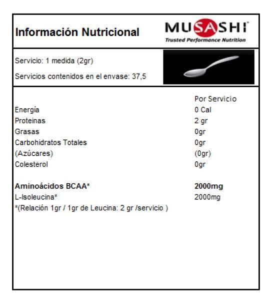 Musashi Aminoacidos Bcaa L-isoleucina 2000mg Isoleucina 75gr en polvo sin sabor-6