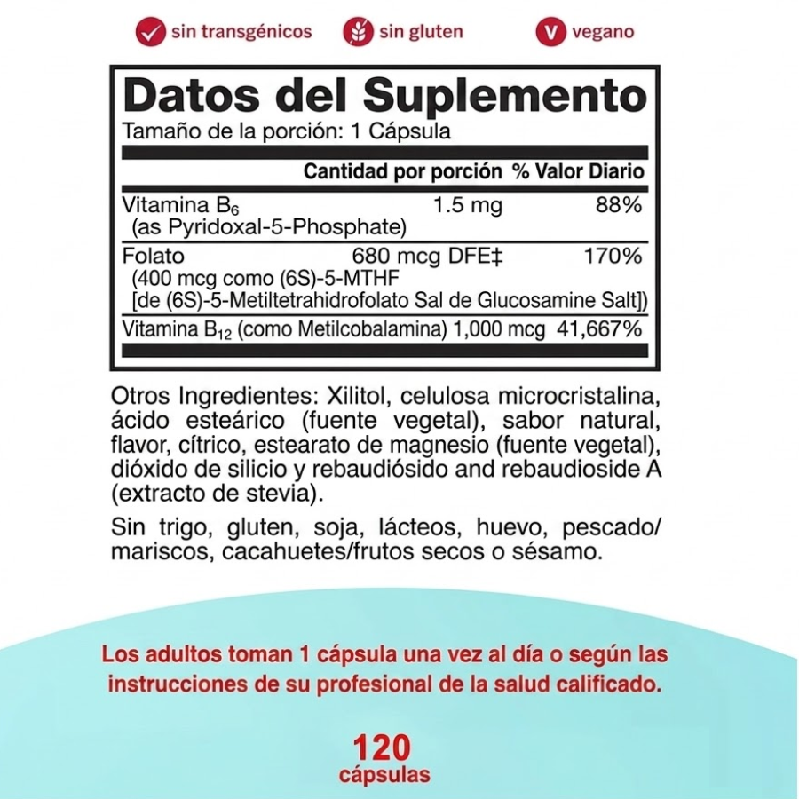 Methyl Folato 5 Mthf + B12 Vitamina B6 Activa Equilibrio Metabolico 120caps-7