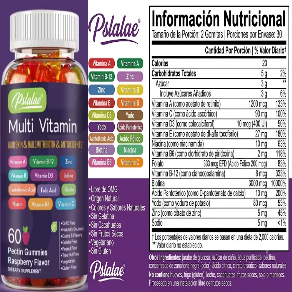 Pslalae Biotina Gomitas Vitaminas Cabello Piel Uñas 60 Unid-6