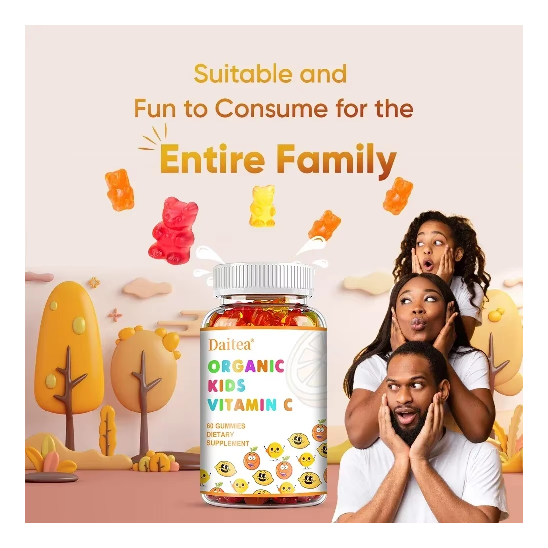 Daitea Kids Smart Vitamina C Acido Ascorbico 250mg Gomitas Niños 60un Sabor Citrus Orange-3