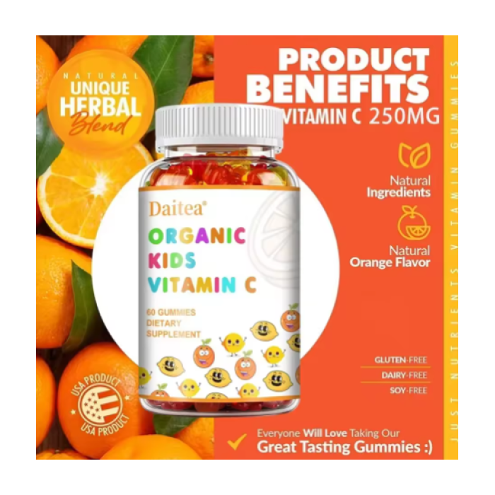 Daitea Kids Smart Vitamina C Acido Ascorbico 250mg Gomitas Niños 60un Sabor Citrus Orange-4