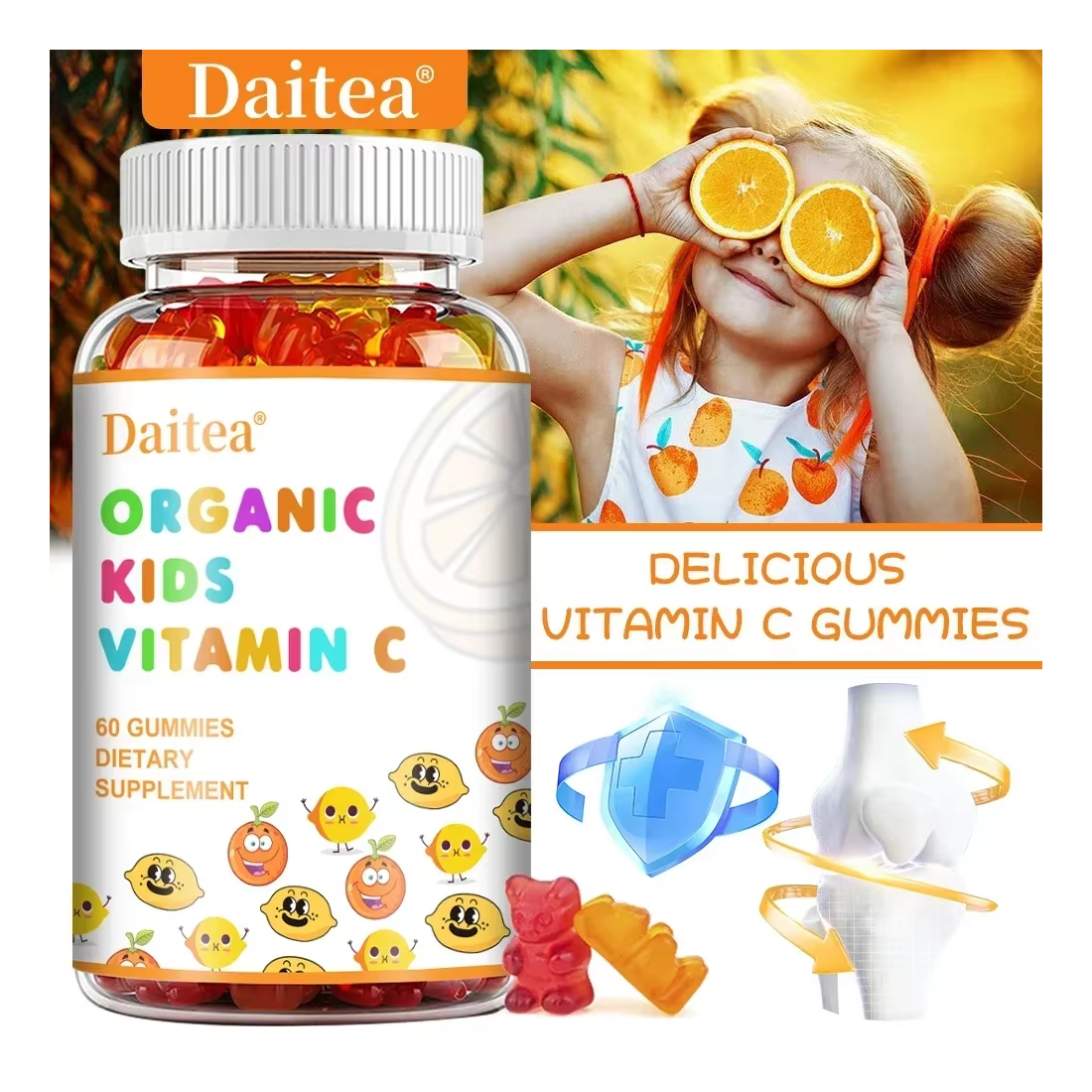 Daitea Kids Smart Vitamina C Acido Ascorbico 250mg Gomitas Niños 60un Sabor Citrus Orange-7