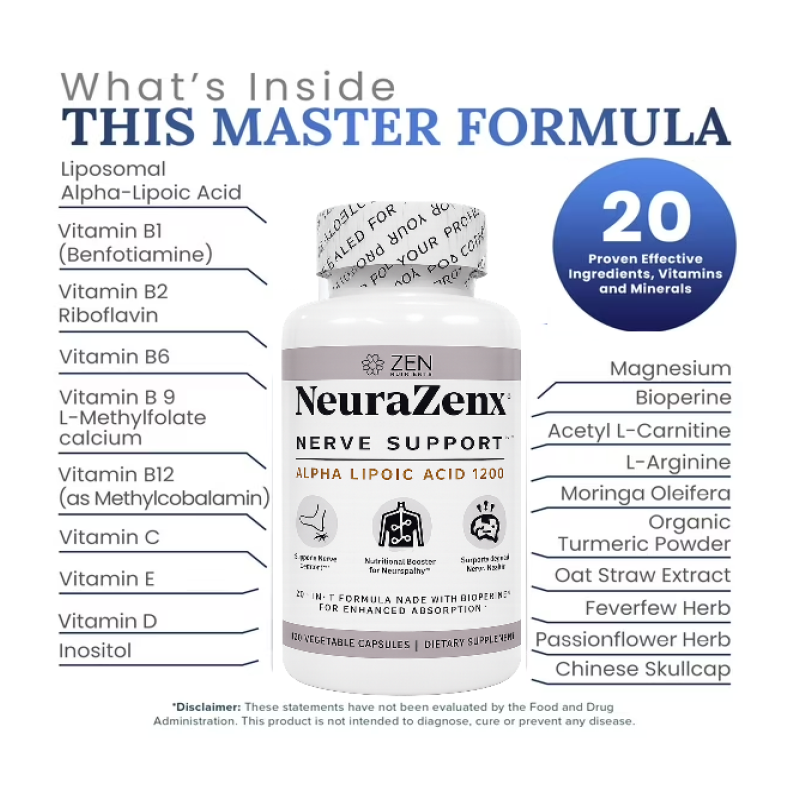 NeuraZenx Nerve Soporte Neurologico con Acido Alfa Lipoico Liposomal 1200mg 120 Veg Caps-3