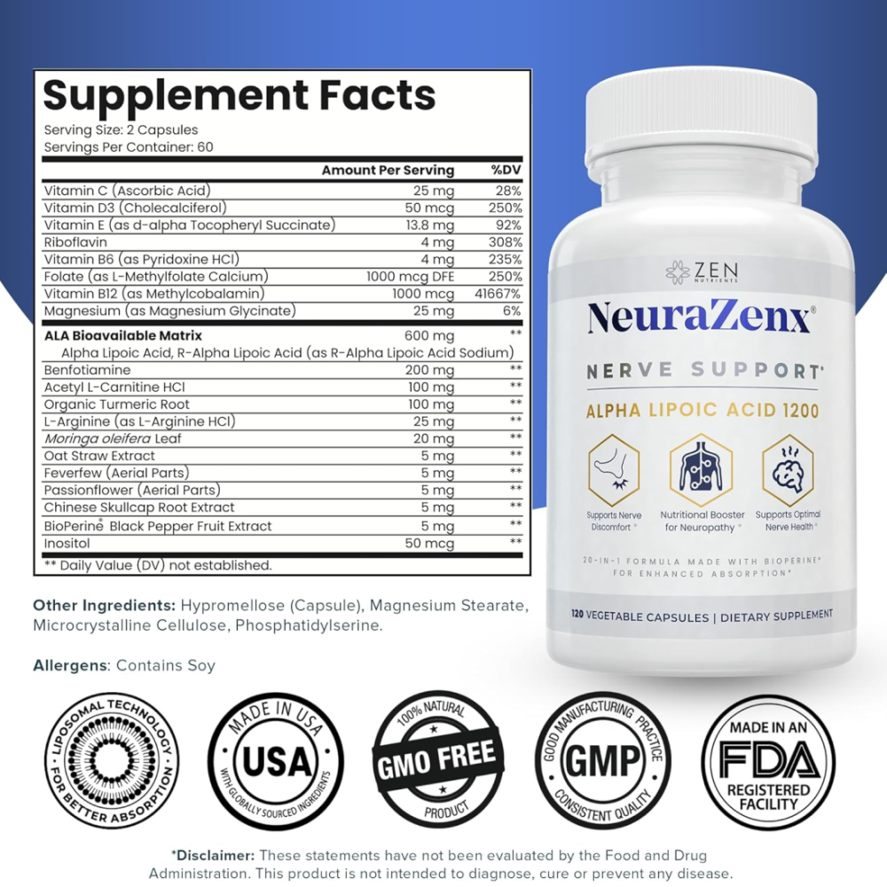 NeuraZenx Nerve Soporte Neurologico con Acido Alfa Lipoico Liposomal 1200mg 120 Veg Caps-4