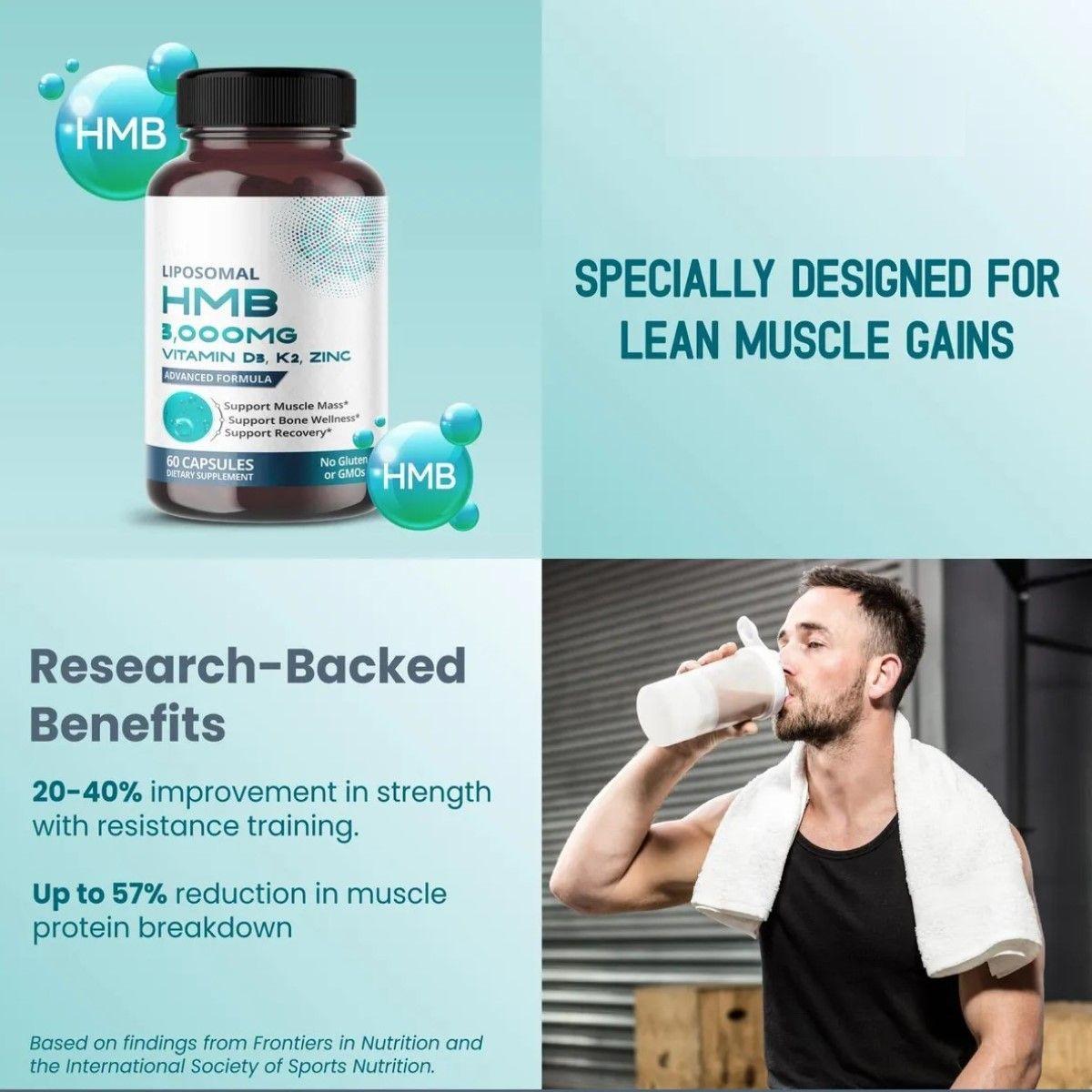 Liposomal HMB 3000mg Formula Avanzada Vitamina D3 K2 Zin Recuperacion y Crecimiento Muscular 60 caps-6