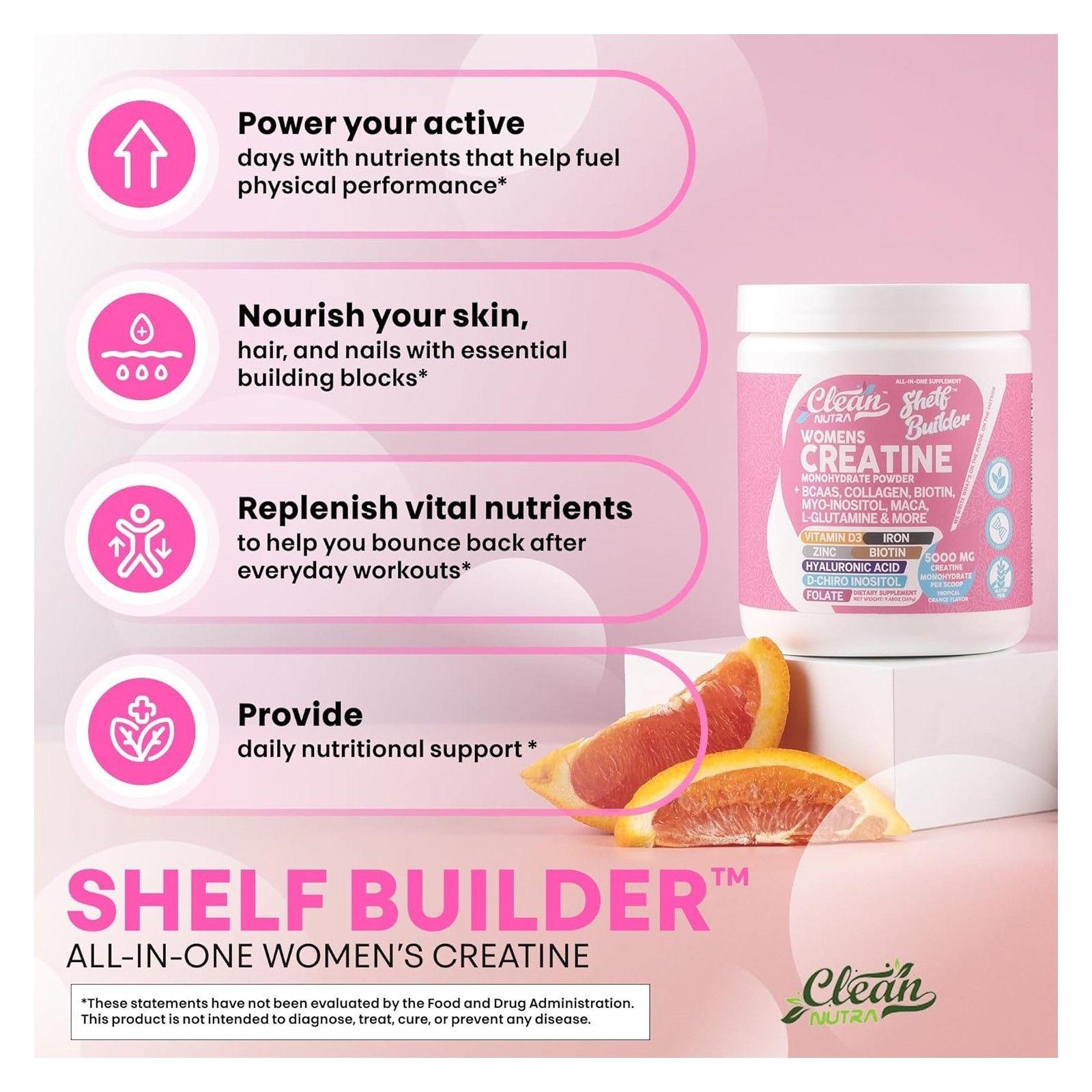 Creatina Para Mujeres Shelf Builder Clean Nutra Womens 296gr Naranja tropical-2