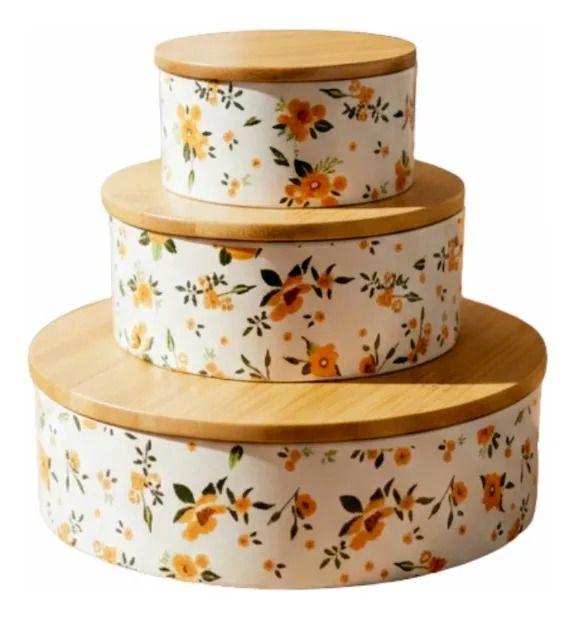 Set 3 Contenedores Tapa Bambú Diseño Floral Vintage Jhn-0