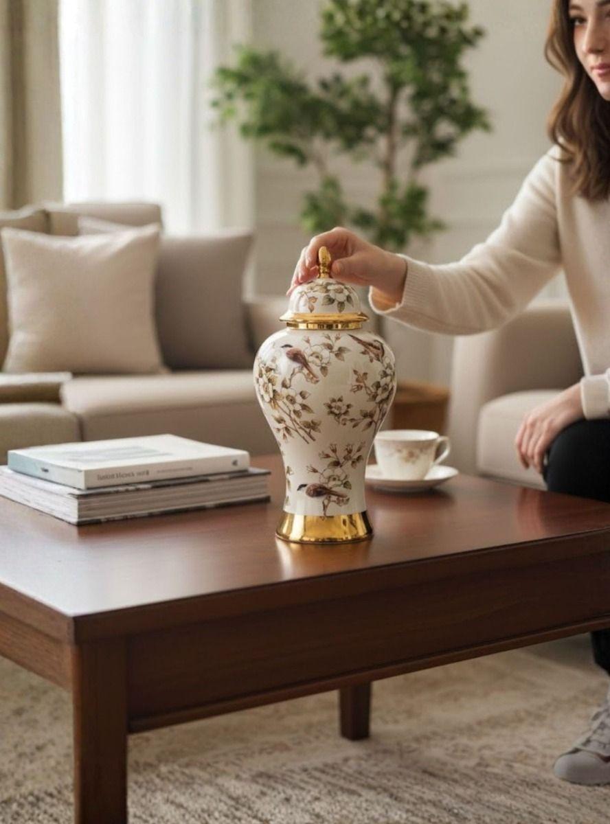 Potiche Decorativo Jarrón Adorno Diseño Floral Hogar Jhn-4