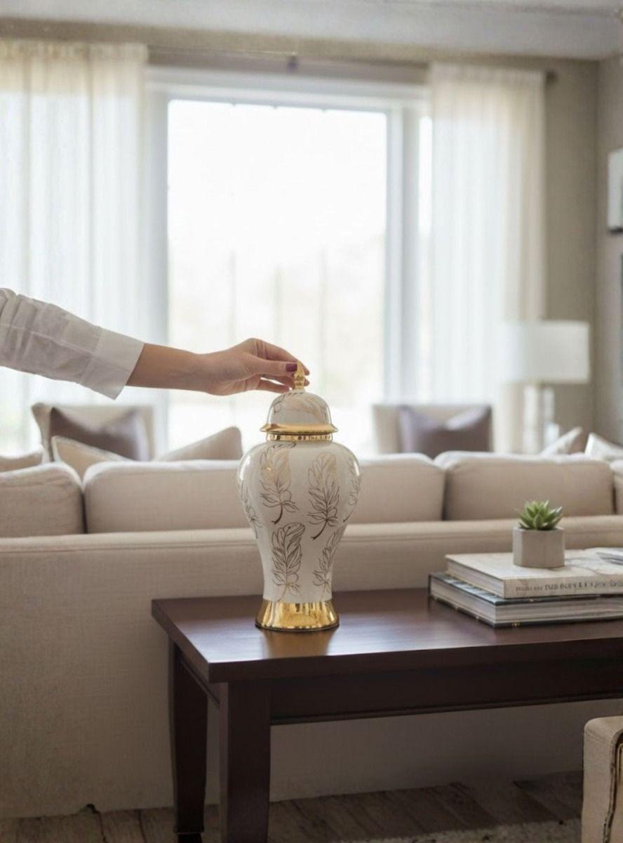 Potiche Decorativo Elegante Jarrón Diseño Plumas Adorno Jhn-3