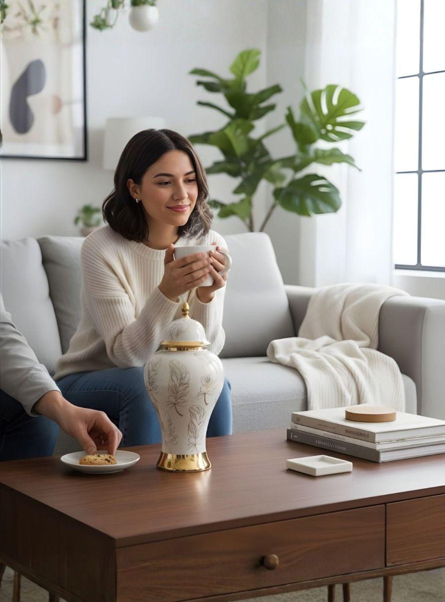 Potiche Decorativo Elegante Jarrón Diseño Plumas Adorno Jhn-4